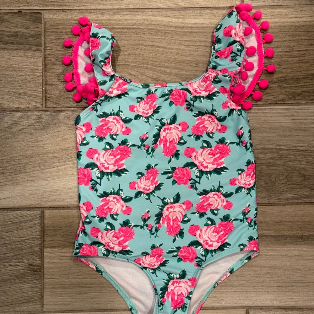 Like New Betsey Johnson Swim one piece - Floral and Pompom - Size 5T